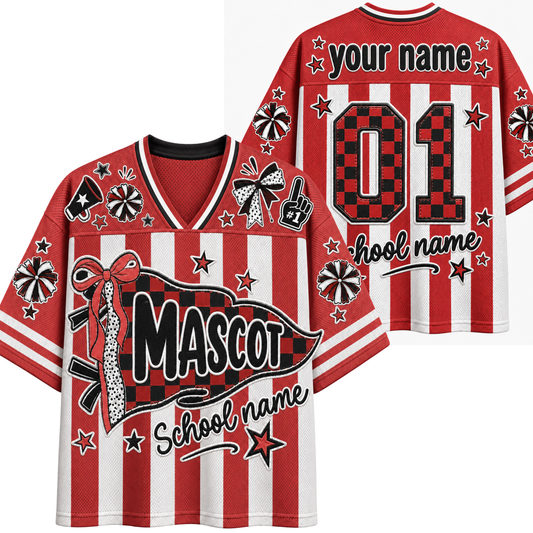 A split screen mockup showing the front and back of the red Chaotic Club candy stripe mascot jersey featuring a coquette pennant flag, bow graphics, and custom back number 01.