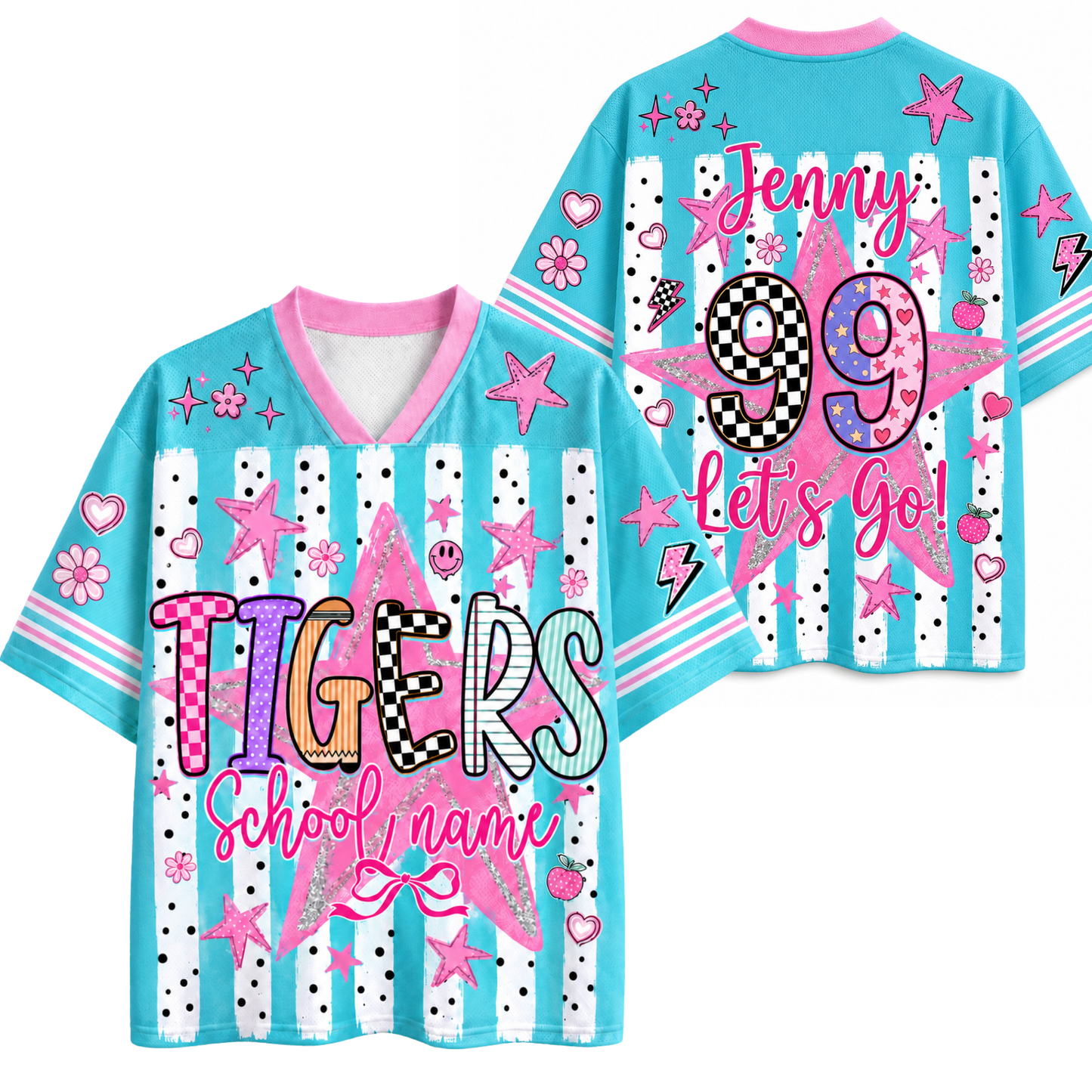 A custom-designed short-sleeve athletic jersey shown from both front and back. The base color is light blue with pink and white accents, featuring a vertical white stripe pattern with black dots, pink stars, hearts, and lightning bolts.