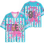 A custom-designed short-sleeve athletic jersey shown from both front and back. The base color is light blue with pink and white accents, featuring a vertical white stripe pattern with black dots, pink stars, hearts, and lightning bolts.