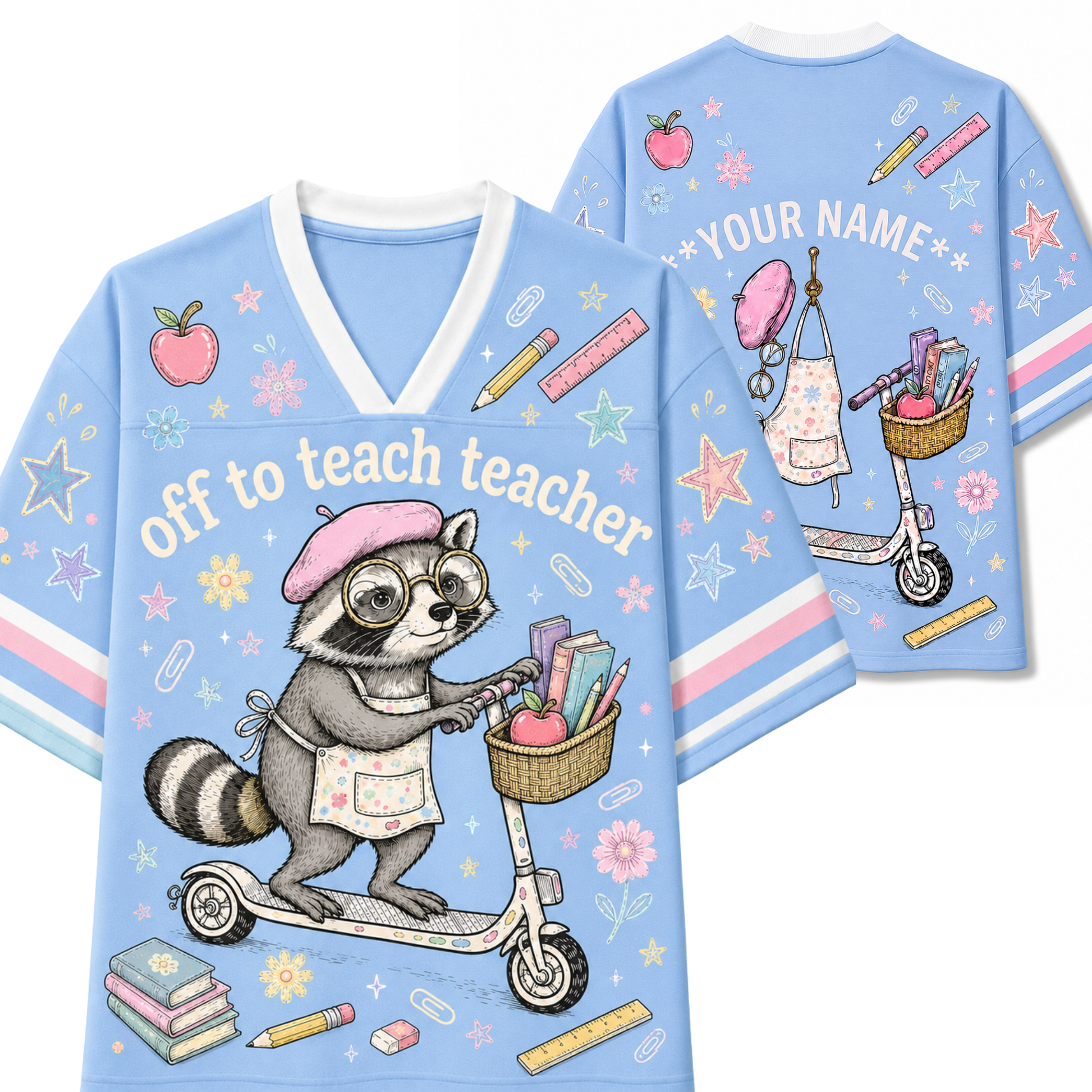 A light blue graphic t-shirt shown from both the front and back. The front features a cartoon raccoon wearing glasses and a pink beret, riding a scooter with books and a pencil basket.