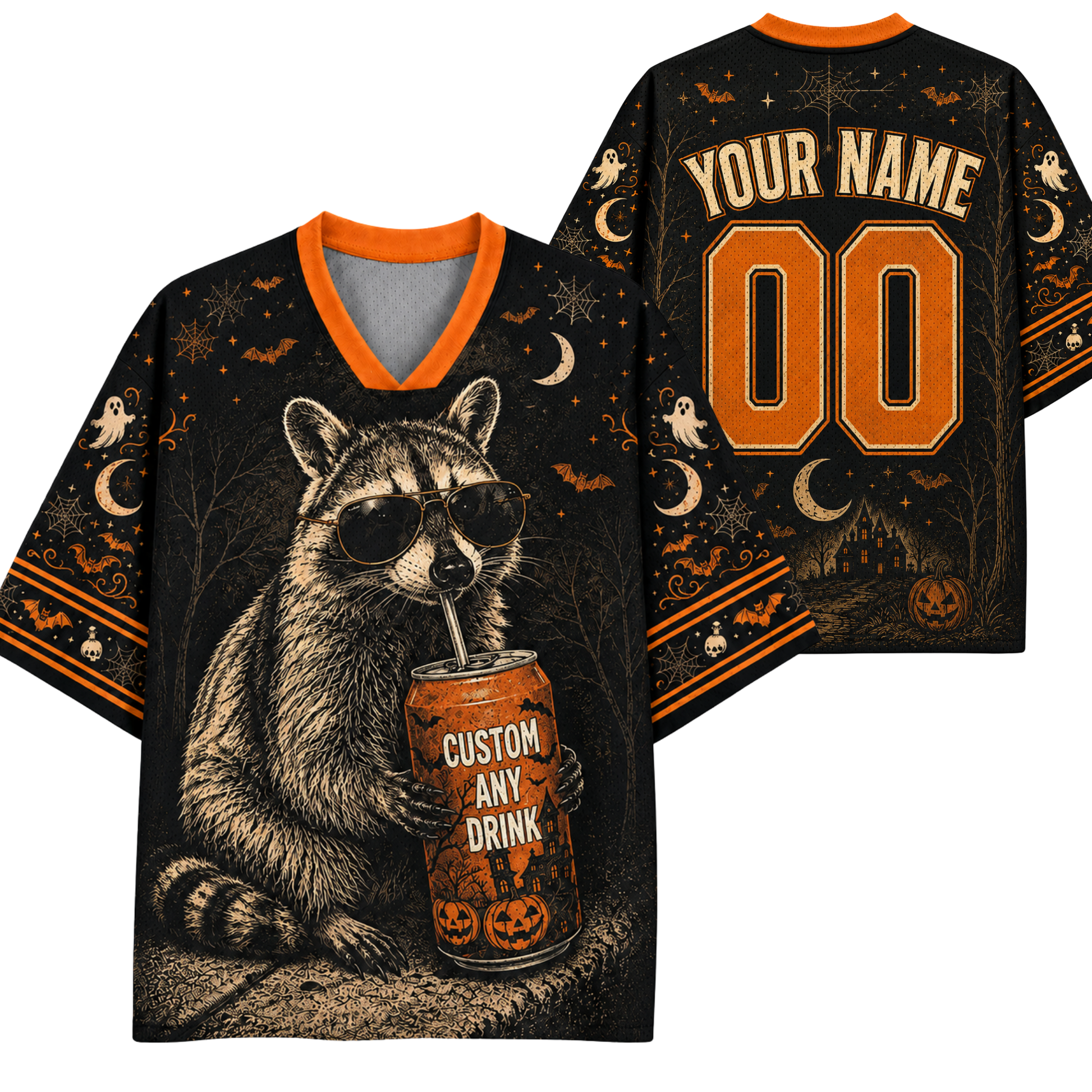 A Halloween-themed custom graphic t-shirt shown from both front and back. The black shirt features an orange and gray raccoon wearing sunglasses and holding an orange can labeled 'CUSTOM ANY DRINK'.
