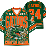 Green and orange Florida Gators themed custom hockey jersey shown from both front and back views. The front features 'WE ARE GATORS' in orange lettering with a green alligator graphic in an oval below.
