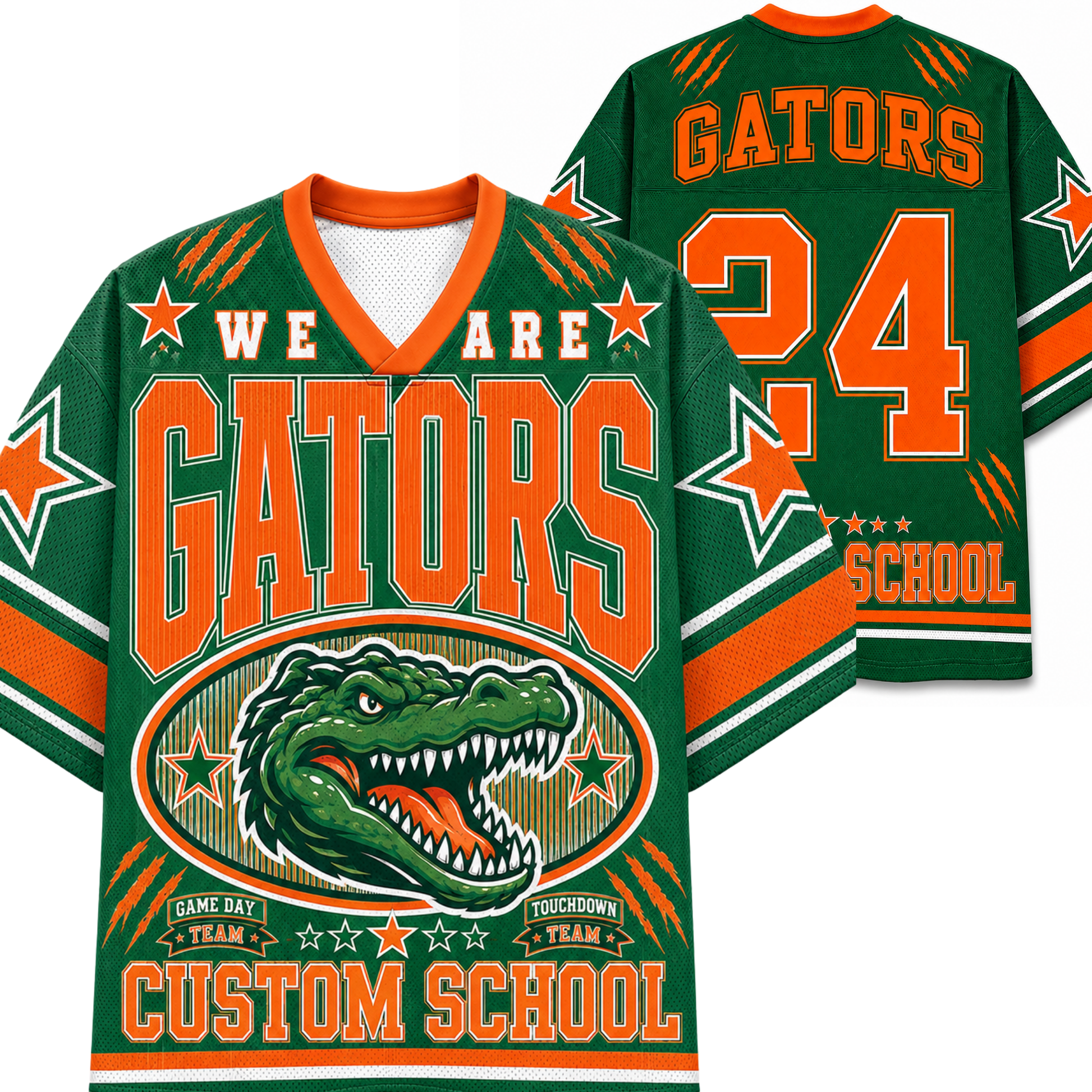 Green and orange Florida Gators themed custom hockey jersey shown from both front and back views. The front features 'WE ARE GATORS' in orange lettering with a green alligator graphic in an oval below.