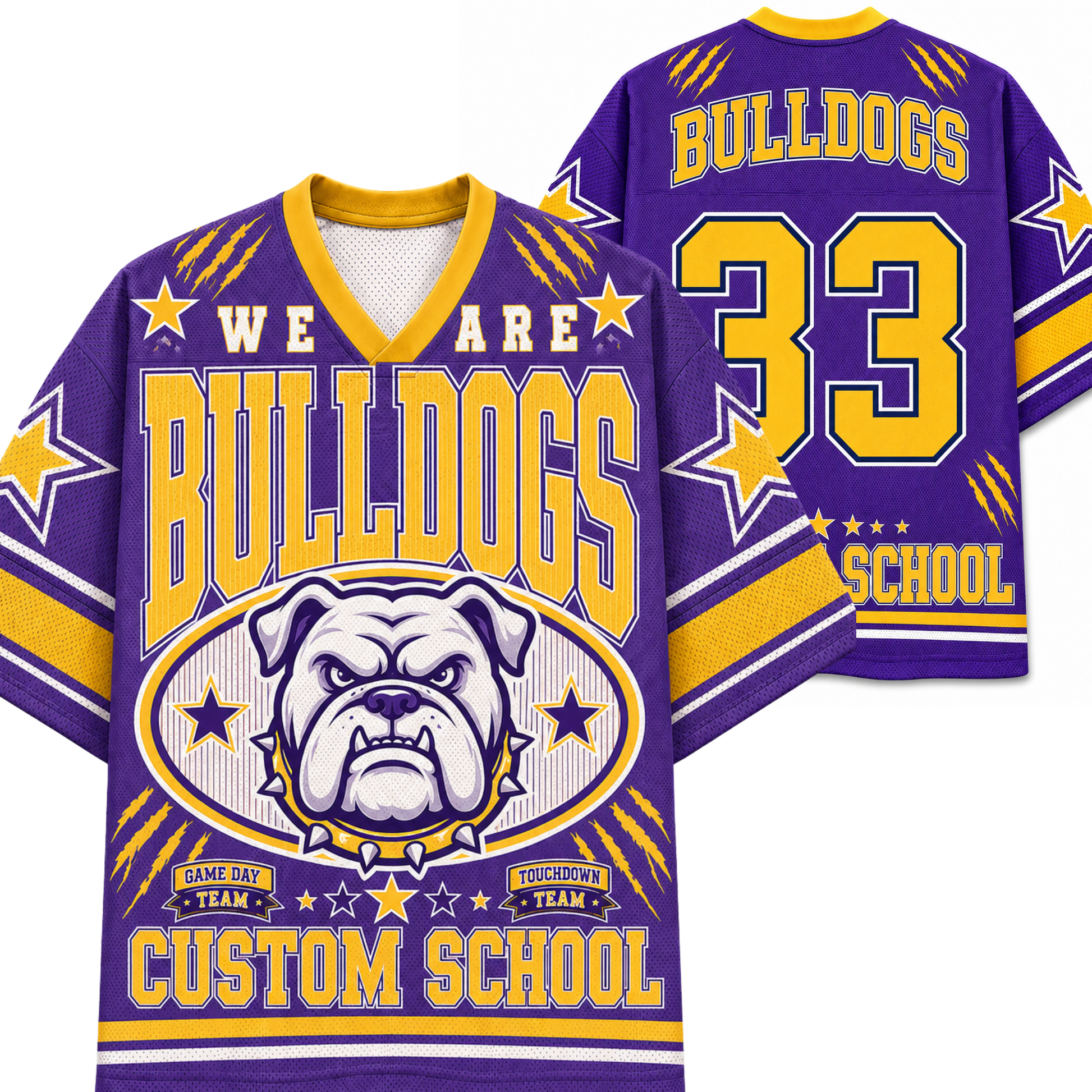 Custom purple and yellow bulldog jersey shown from both front and back views, featuring 'BULLDOGS', number '33', bulldog mascot graphic, and 'CUSTOM SCHOOL' text.