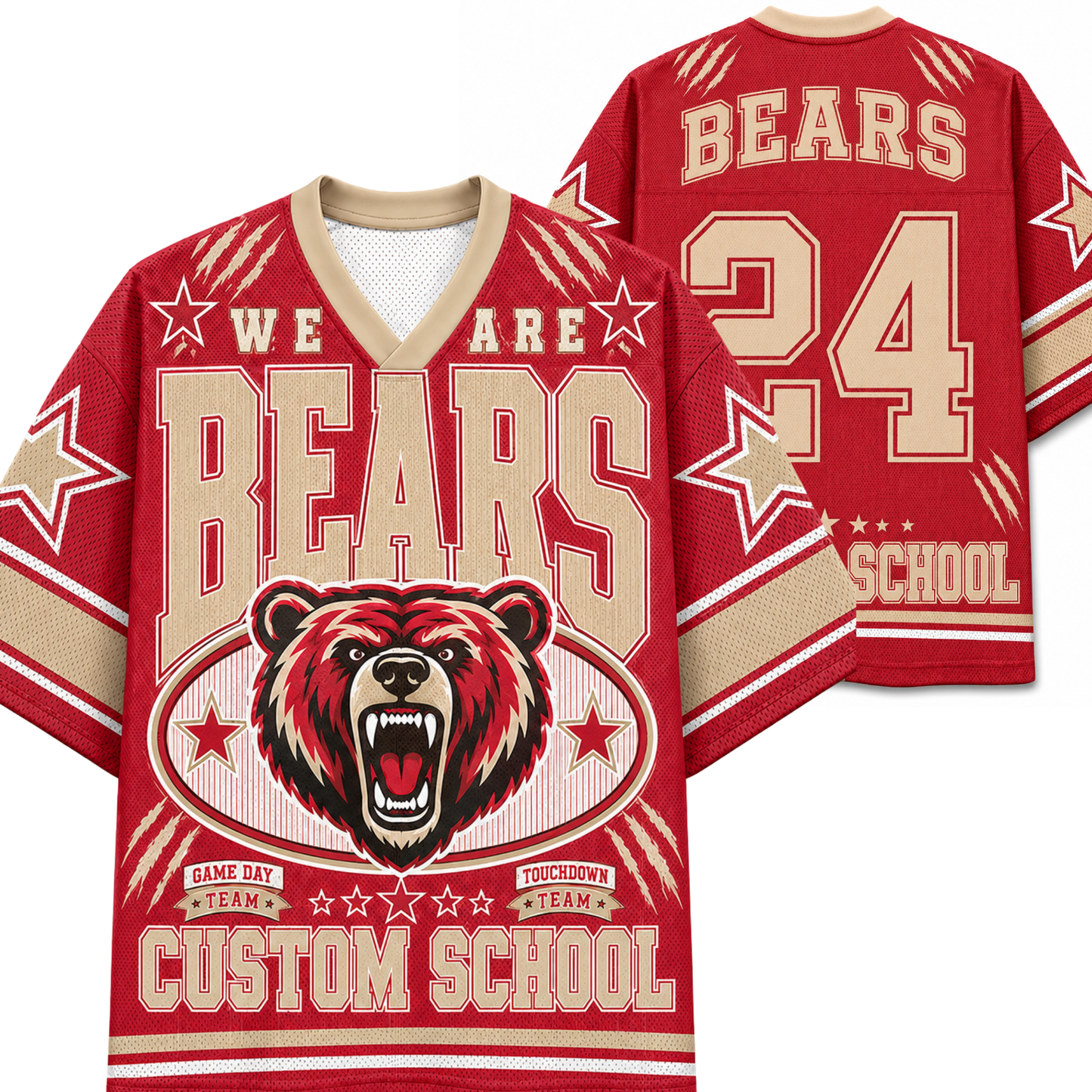 A red and beige custom hockey-style jersey shown from the front and back on a plain white background. The front features a large bear graphic, the word BEARS, stars, and the text 'WE ARE BEARS' and 'CUSTOM SCHOOL.