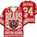 A red and beige custom hockey-style jersey shown from the front and back on a plain white background. The front features a large bear graphic, the word BEARS, stars, and the text 'WE ARE BEARS' and 'CUSTOM SCHOOL.