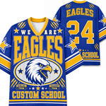 Custom school eagle jersey in royal blue and yellow, showing both front and back views with 'EAGLES', number '24', eagle head graphic, and 'CUSTOM SCHOOL' text.