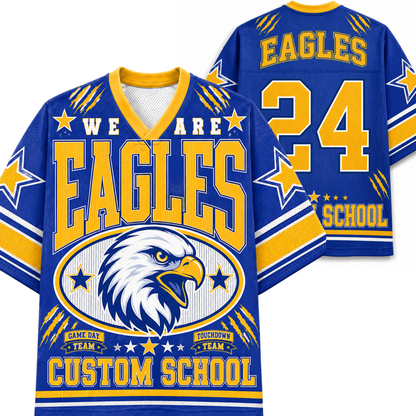 Custom school eagle jersey in royal blue and yellow, showing both front and back views with 'EAGLES', number '24', eagle head graphic, and 'CUSTOM SCHOOL' text.