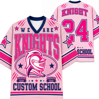 A pink and navy blue custom hockey-style jersey shown from both the front and back. The front features a large knight helmet graphic, the words 'WE ARE KNIGHTS', and 'CUSTOM SCHOOL'.
