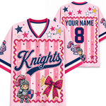A pink custom sports jersey shown from both front and back. The jersey features a pink and white striped design with cartoon knight graphics, stars, and the text 'Knights', 'YOUR NAME', and a number '8'.