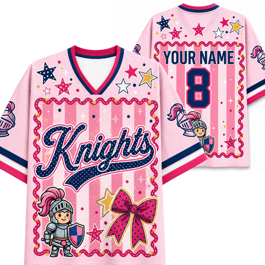 A pink custom sports jersey shown from both front and back. The jersey features a pink and white striped design with cartoon knight graphics, stars, and the text 'Knights', 'YOUR NAME', and a number '8'.