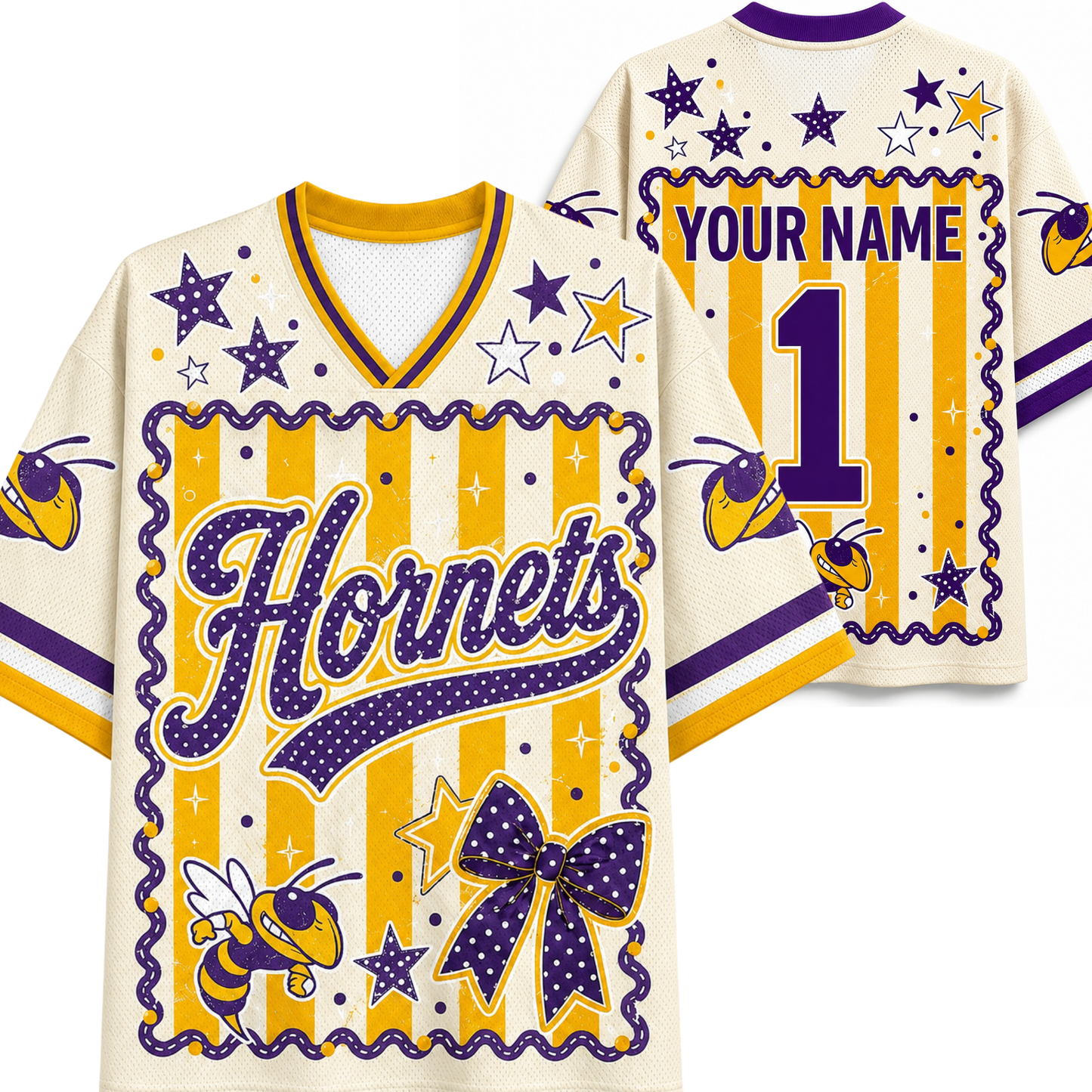 Customizable cream-colored jersey shirt mockup showing both front and back views. Features purple and yellow varsity-style graphics, including 'Horns' script, stars, bumblebees, a large bow motif, and placeholder text 'YOUR NAME' and number '1'.
