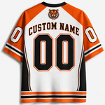 Custom hockey-style jersey shown from the back, featuring a white mesh body with orange and black shoulder panels, large black '00' numbers outlined in orange, 'CUSTOM NAME' text across the upper back, and a tiger head logo centered above the text.