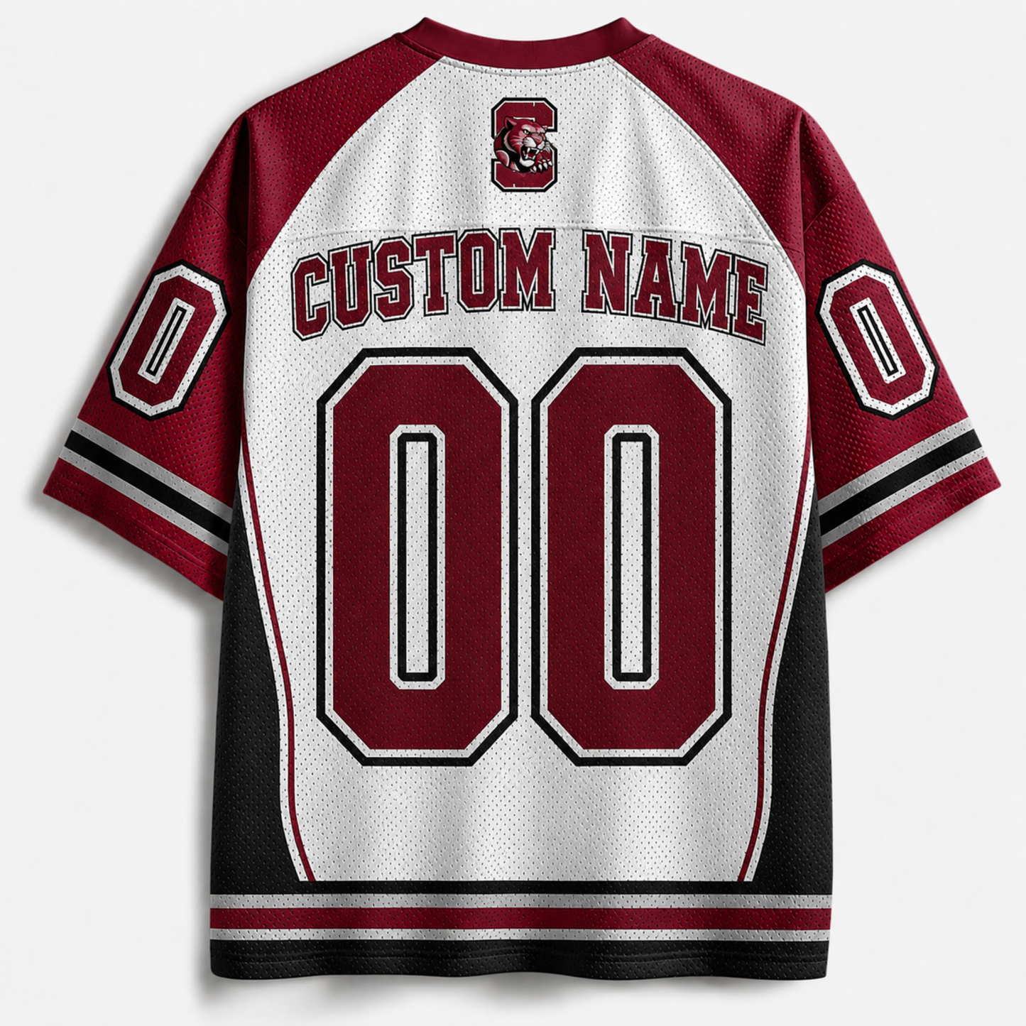 Customizable white and maroon mesh hockey jersey shown from the back, featuring 'CUSTOM NAME' and '00' in large maroon numbers with black and white outlines, a maroon 'SC' logo on the neck, and maroon numbers on the sleeves.