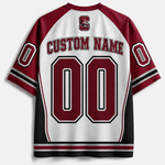 Customizable white and maroon mesh hockey jersey shown from the back, featuring 'CUSTOM NAME' and '00' in large maroon numbers with black and white outlines, a maroon 'SC' logo on the neck, and maroon numbers on the sleeves.