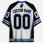 Customizable hockey-style jersey shown from the back, featuring a white mesh body with black sleeves and collar, blue trim, and large black '00' numbers outlined in blue. The upper back has 'CUSTOM NAME' text and a small mascot logo.