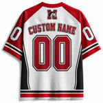 Customizable hockey jersey back view with red and white mesh fabric, black side panels, red and white numbers '00', 'CUSTOM NAME' text, and a team logo patch at the collar.