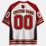 A customizable hockey-style jersey shown from the back, featuring a white mesh body with red shoulders, sleeves, and large red '00' numbers outlined in black and gold. The back also has 'CUSTOM NAME' text and a team logo at the neck.