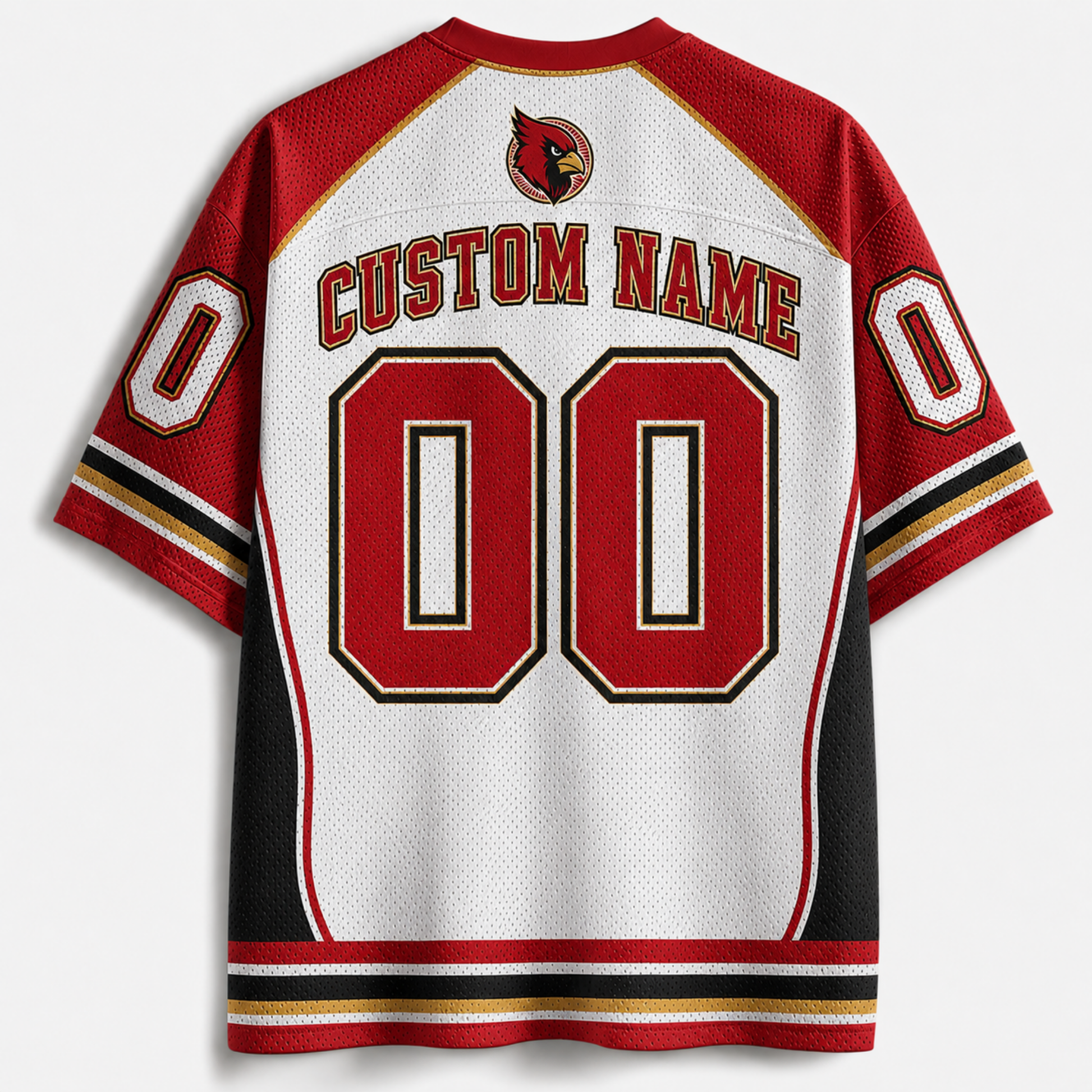 A customizable hockey-style jersey shown from the back, featuring a white mesh body with red shoulders, sleeves, and large red '00' numbers outlined in black and gold. The back also has 'CUSTOM NAME' text and a team logo at the neck.