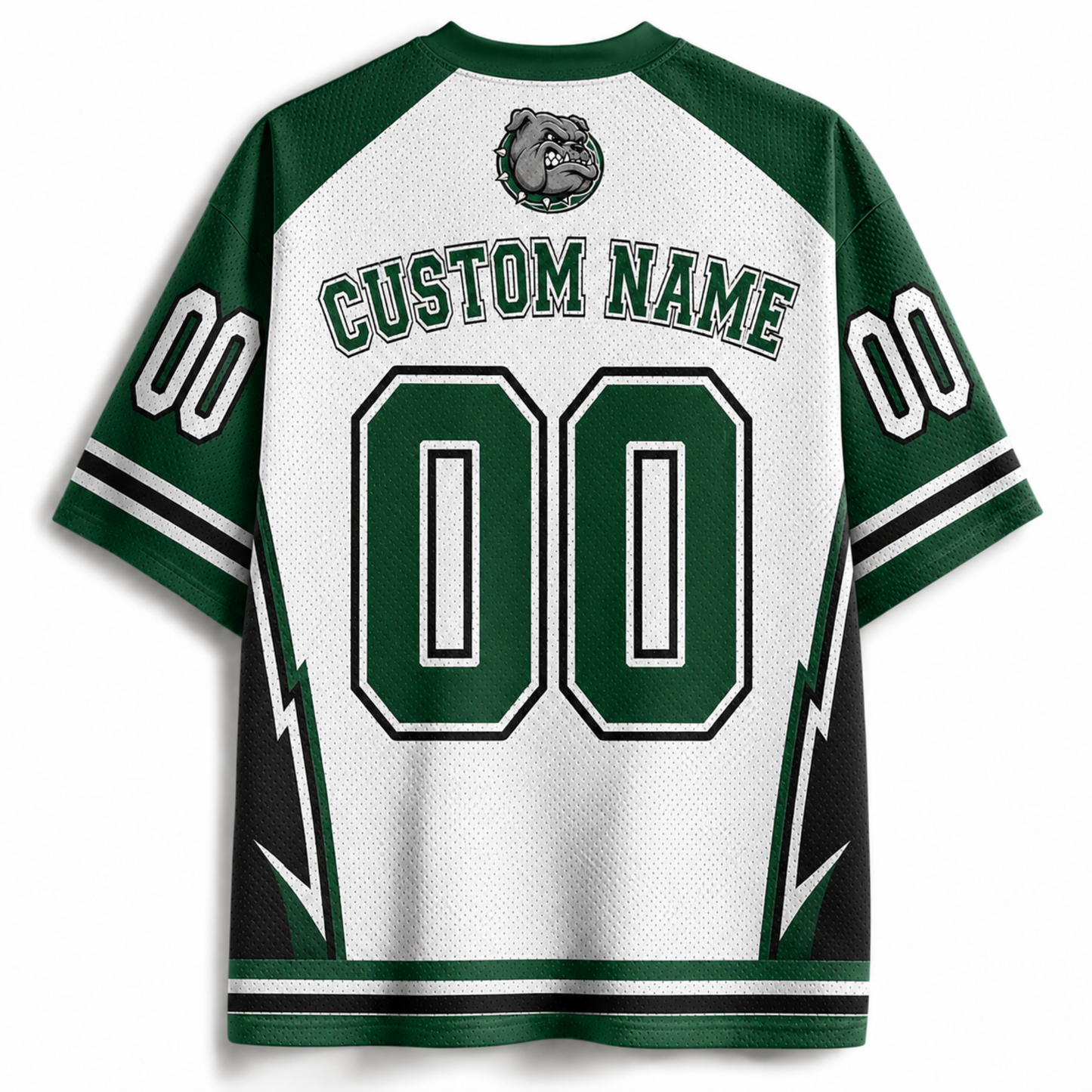 A green and white customizable short-sleeve jersey shown from the back, featuring 'CUSTOM NAME' and '00' in large block numbers, a bulldog mascot logo, and black and white stripe details on the sleeves and hem.