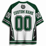 A green and white customizable short-sleeve jersey shown from the back, featuring 'CUSTOM NAME' and '00' in large block numbers, a bulldog mascot logo, and black and white stripe details on the sleeves and hem.