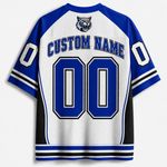 White mesh hockey-style jersey with royal blue and black trim, featuring 'CUSTOM NAME' and '00' on the back, plus a wolf logo above the text.