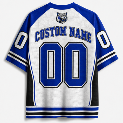 White mesh hockey-style jersey with royal blue and black trim, featuring 'CUSTOM NAME' and '00' on the back, plus a wolf logo above the text.