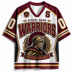 A short-sleeve V-neck athletic jersey with a Spartan warrior graphic and 'WARRIORS' text. The jersey features a white mesh body with maroon and gold trim, black side panels, and a Spartan helmet illustration on the front.