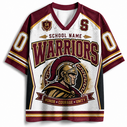 A short-sleeve V-neck athletic jersey with a Spartan warrior graphic and 'WARRIORS' text. The jersey features a white mesh body with maroon and gold trim, black side panels, and a Spartan helmet illustration on the front.