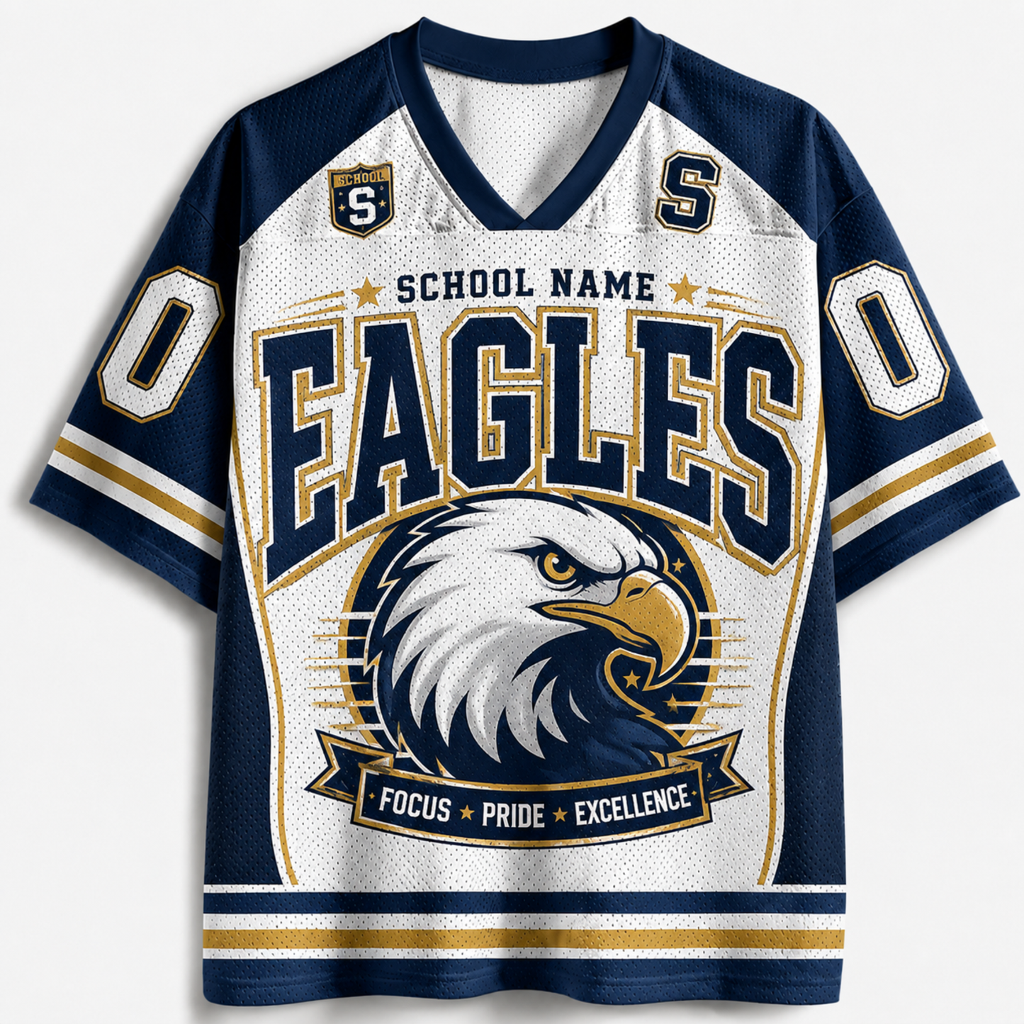 A custom athletic jersey featuring a navy blue and white color scheme with gold accents. The front displays 'EAGLES' in large varsity-style lettering, a detailed eagle head graphic, and placeholder text 'SCHOOL NAME' and 'EAGLES'.