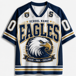 A custom athletic jersey featuring a navy blue and white color scheme with gold accents. The front displays 'EAGLES' in large varsity-style lettering, a detailed eagle head graphic, and placeholder text 'SCHOOL NAME' and 'EAGLES'.