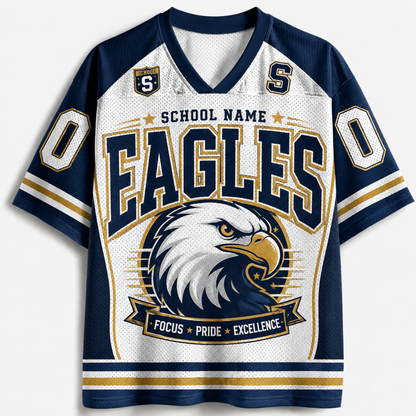 A custom athletic jersey featuring a navy blue and white color scheme with gold accents. The front displays 'EAGLES' in large varsity-style lettering, a detailed eagle head graphic, and placeholder text 'SCHOOL NAME' and 'EAGLES'.