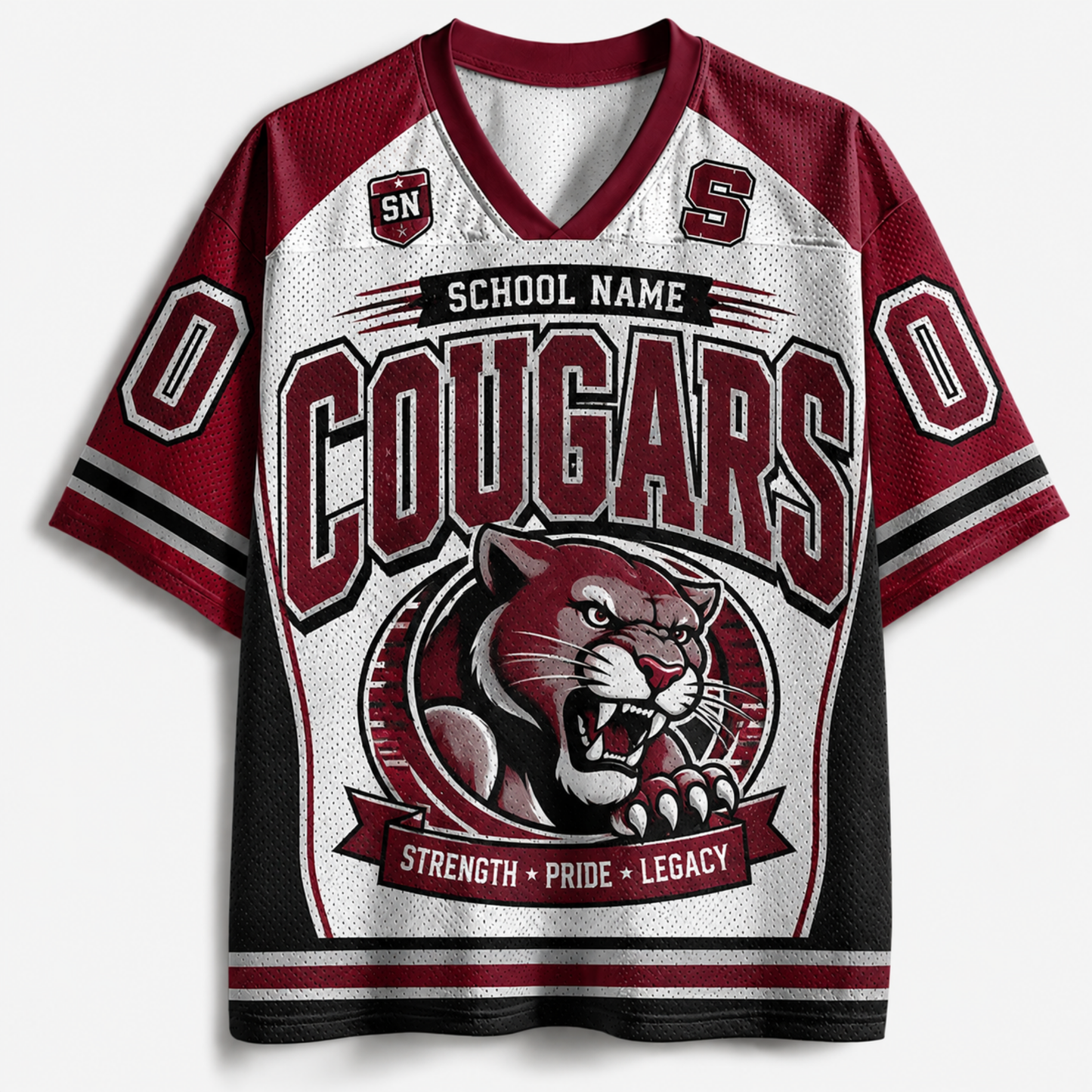 A custom V-neck athletic jersey featuring a white body with maroon and black sleeves and collar. The front displays 'COUGARS' in large maroon letters, a graphic of a cougar panther mascot, and the words 'STRENGTH • PRIDE • LEGACY'.