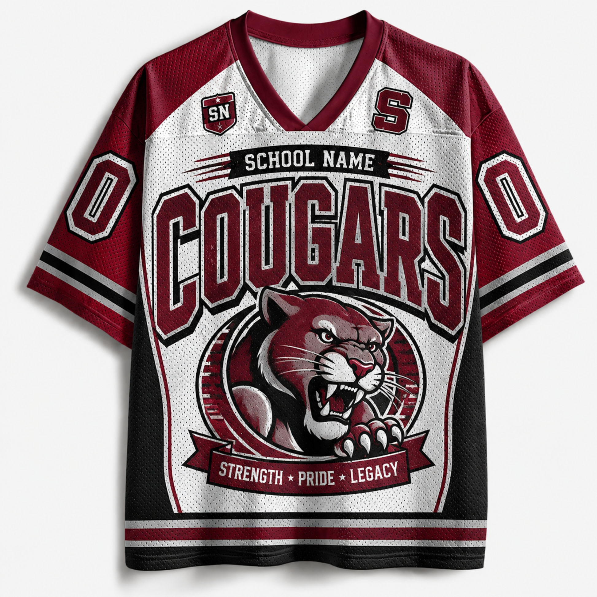 A custom V-neck athletic jersey featuring a white body with maroon and black sleeves and collar. The front displays 'COUGARS' in large maroon letters, a graphic of a cougar panther mascot, and the words 'STRENGTH • PRIDE • LEGACY'.