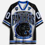 A short-sleeve V-neck jersey-style shirt with a black, white, and blue sports design. The front features the word 'PANTHERS' in large outlined letters, a black panther graphic, and blue and white accents including numbers on the sleeves and a school name banner across the chest.