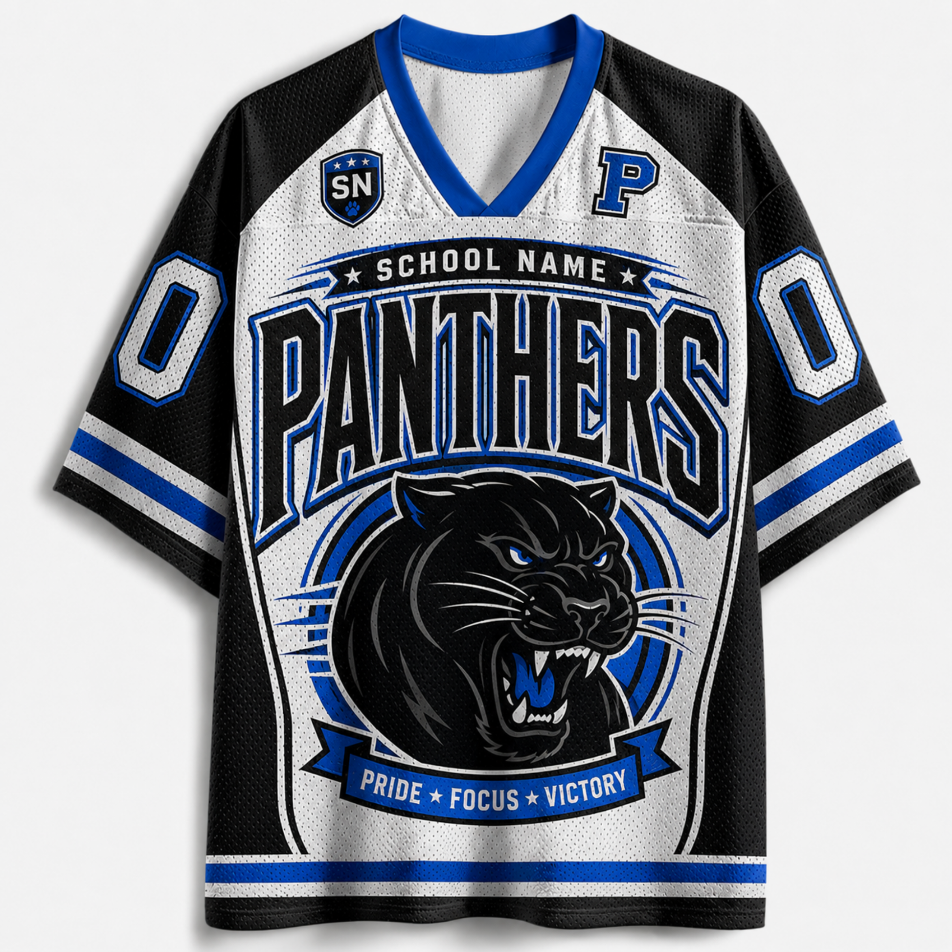A short-sleeve V-neck jersey-style shirt with a black, white, and blue sports design. The front features the word 'PANTHERS' in large outlined letters, a black panther graphic, and blue and white accents including numbers on the sleeves and a school name banner across the chest.