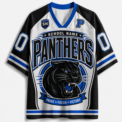 A short-sleeve V-neck jersey-style shirt with a black, white, and blue sports design. The front features the word 'PANTHERS' in large outlined letters, a black panther graphic, and blue and white accents including numbers on the sleeves and a school name banner across the chest.