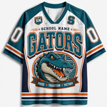 A teal and white mesh V-neck jersey with orange accents, featuring a large 'GATORS' graphic, a gator mascot illustration, and placeholder text including 'SCHOOL NAME' and 'SN' on the shoulders.