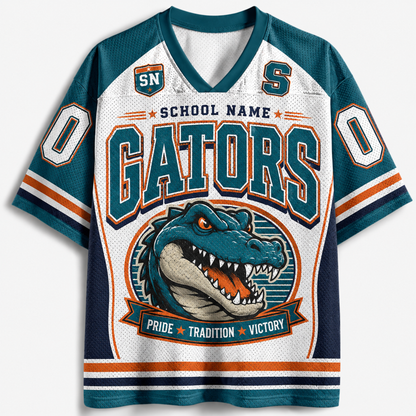 A teal and white mesh V-neck jersey with orange accents, featuring a large 'GATORS' graphic, a gator mascot illustration, and placeholder text including 'SCHOOL NAME' and 'SN' on the shoulders.