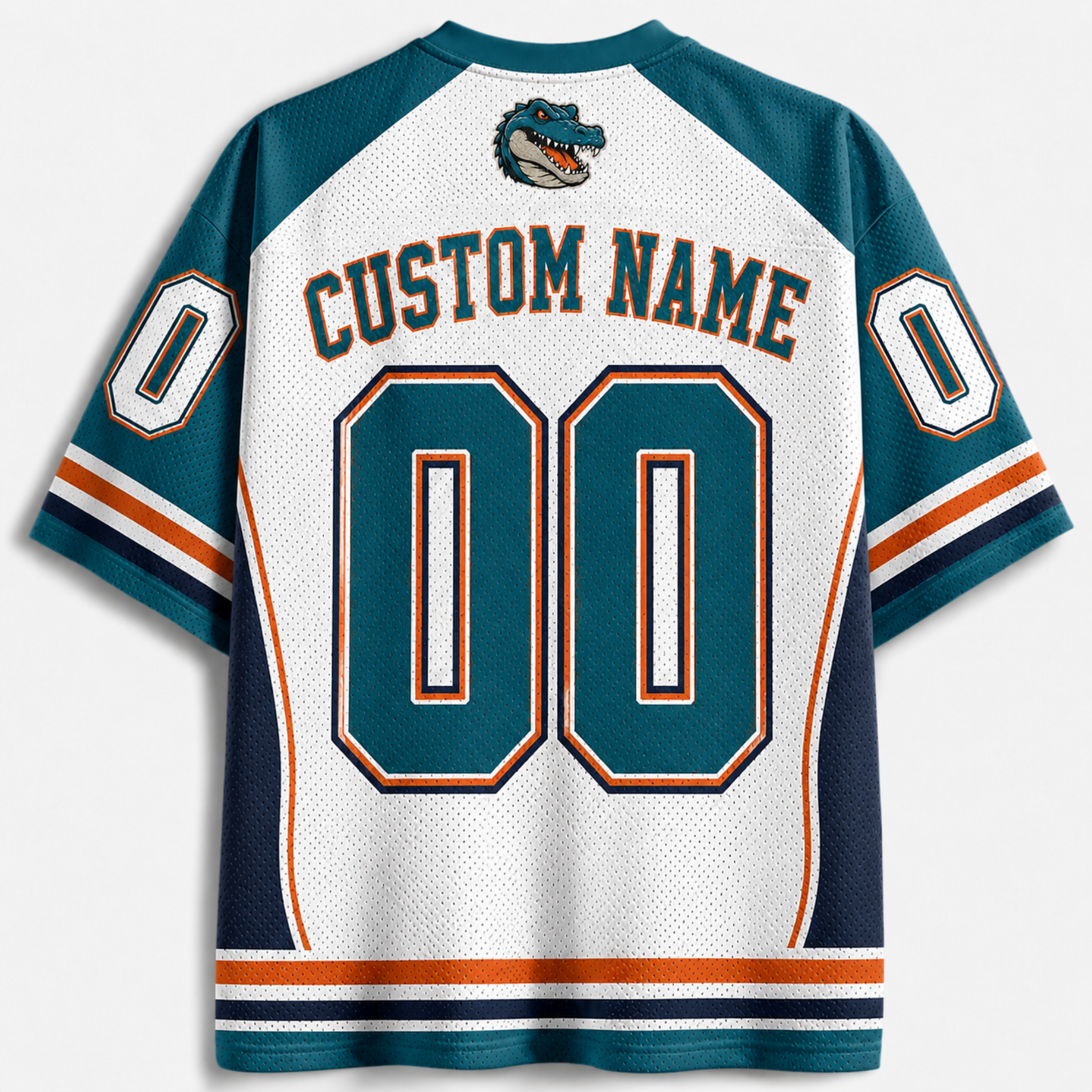 Customizable white mesh football jersey shown from the back, featuring teal and navy blue sleeves and collar, orange and white stripes on the sleeves and hem, a small alligator logo above the text, and 'CUSTOM NAME 00' printed on the back.