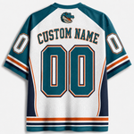 Customizable white mesh football jersey shown from the back, featuring teal and navy blue sleeves and collar, orange and white stripes on the sleeves and hem, a small alligator logo above the text, and 'CUSTOM NAME 00' printed on the back.