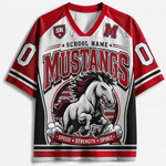 A red, white, and black V-neck athletic jersey with 'Mustangs' lettering, a running horse graphic, and placeholder text including 'School Name' and 'Number'.