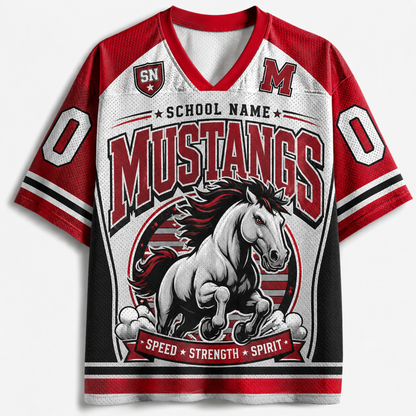 A red, white, and black V-neck athletic jersey with 'Mustangs' lettering, a running horse graphic, and placeholder text including 'School Name' and 'Number'.
