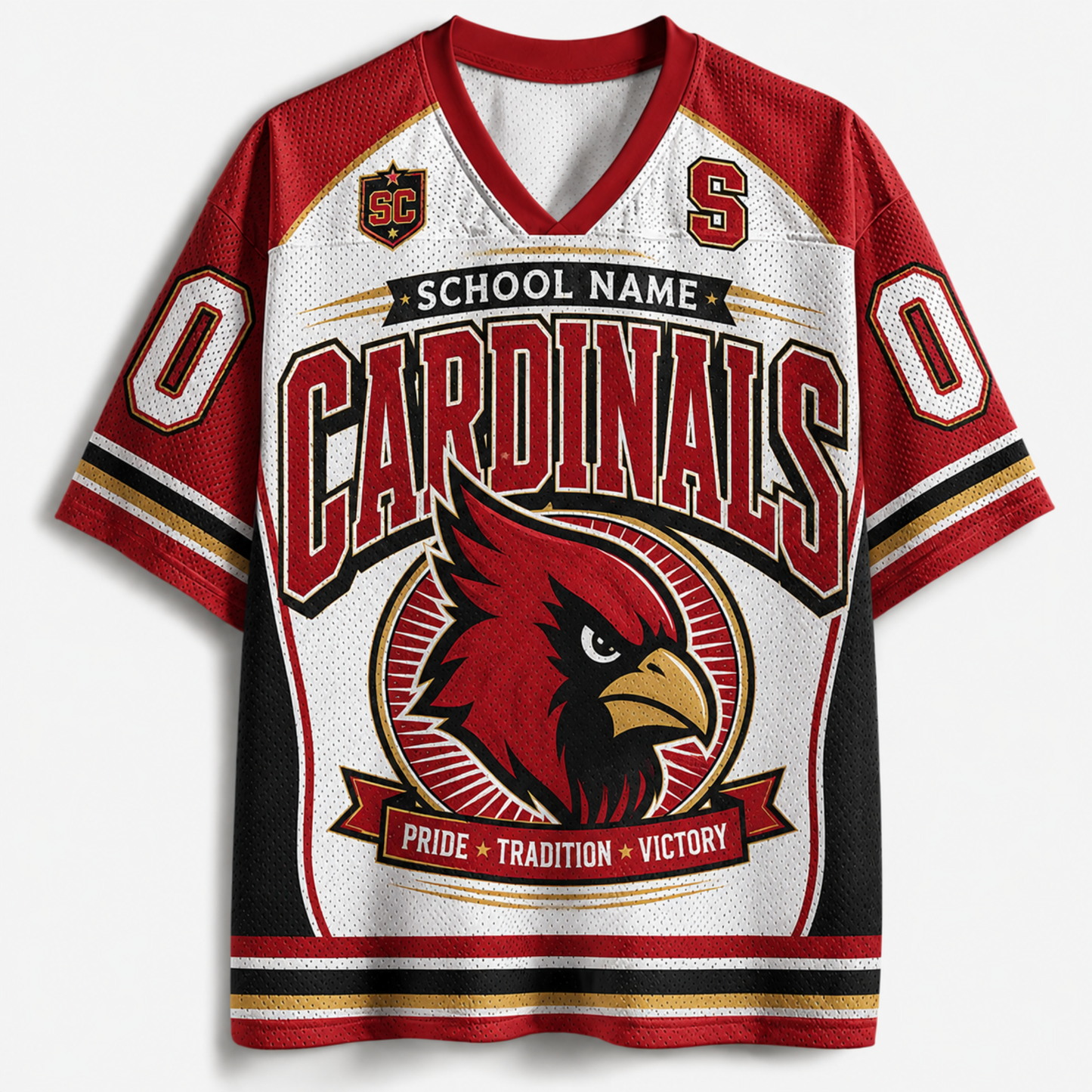 A red, white, and black varsity-style jersey with 'CARDINALS' and a cardinal bird graphic on the front, plus 'SCHOOL NAME' and a large number 0.