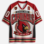 A red, white, and black varsity-style jersey with 'CARDINALS' and a cardinal bird graphic on the front, plus 'SCHOOL NAME' and a large number 0.