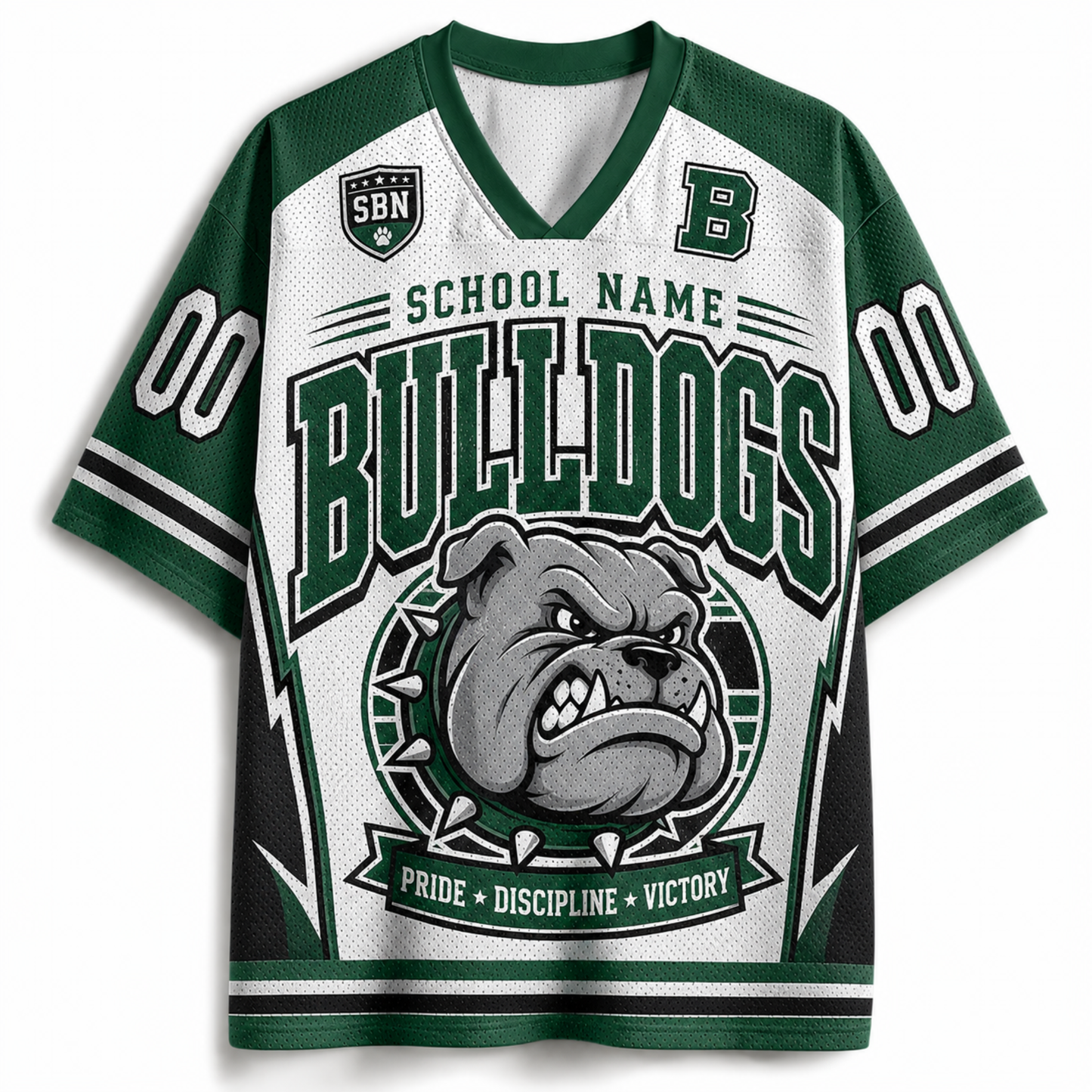 A green and white mesh athletic jersey with 'BULLDOGS' and a bulldog graphic on the front, featuring 'SCHOOL NAME' and '00' text details, shown on a plain white background.