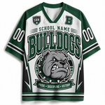 A green and white mesh athletic jersey with 'BULLDOGS' and a bulldog graphic on the front, featuring 'SCHOOL NAME' and '00' text details, shown on a plain white background.
