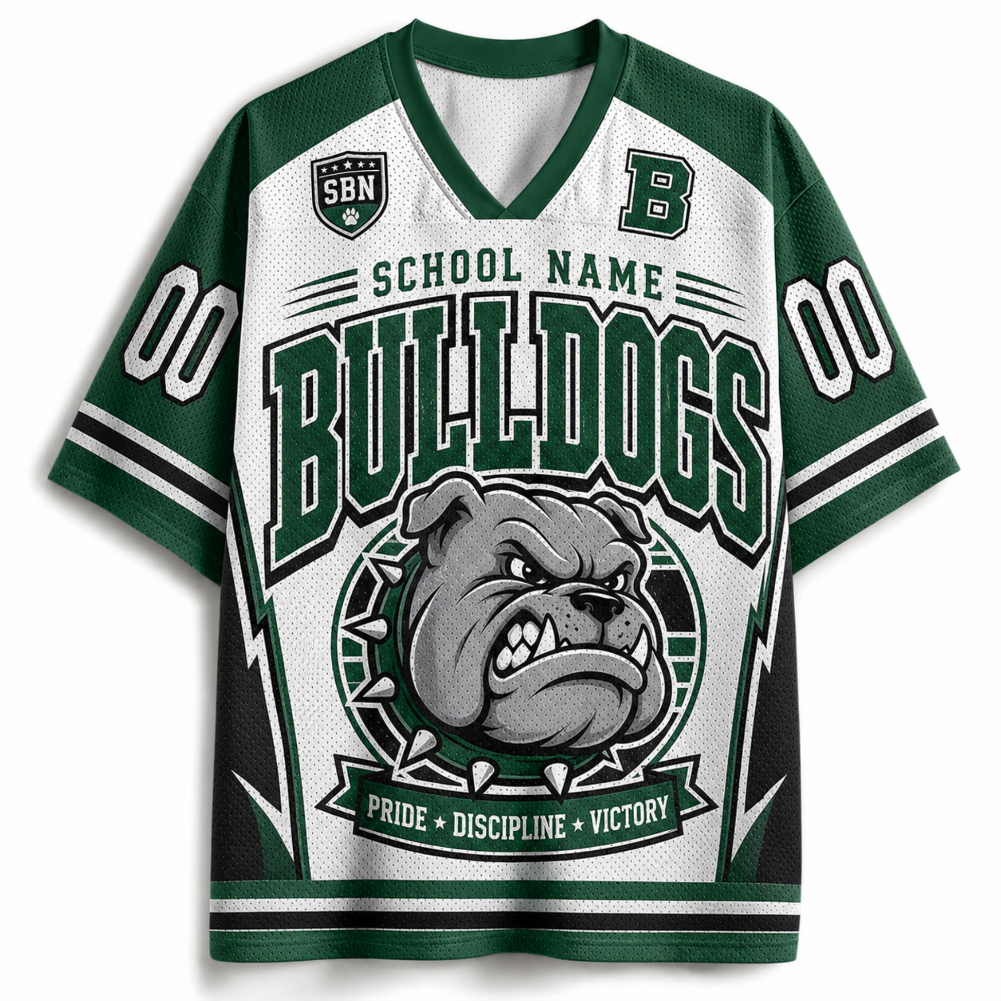 A green and white mesh athletic jersey with 'BULLDOGS' and a bulldog graphic on the front, featuring 'SCHOOL NAME' and '00' text details, shown on a plain white background.