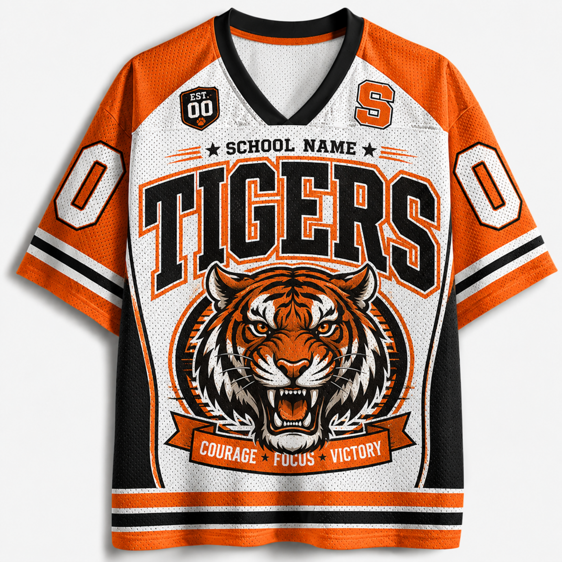 A short-sleeve V-neck athletic jersey with a white mesh base and bold orange and black graphics. The front features the word 'TIGERS' in large black letters with orange outlines, a tiger head illustration below, and the text 'SCHOOL NAME' above.