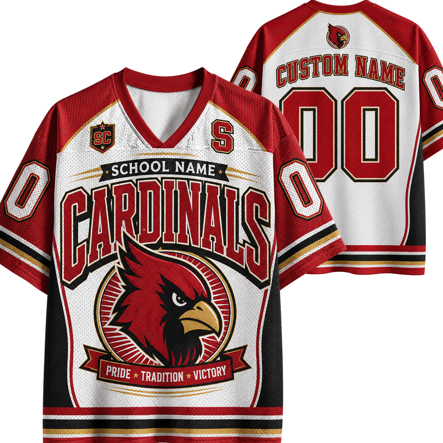 Customizable red, white, and black hockey-style jersey shown from the front and back on a white background. Features 'CARDINALS' text, a cardinal bird graphic, placeholder text 'CUSTOM NAME' and '00', and 'SC' branding.
